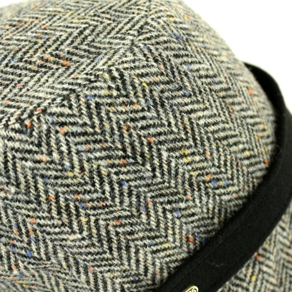 New Herringbone Fold Brim Wool Bucket Hat Black Gray Made in Ireland - Picture 5 of 8